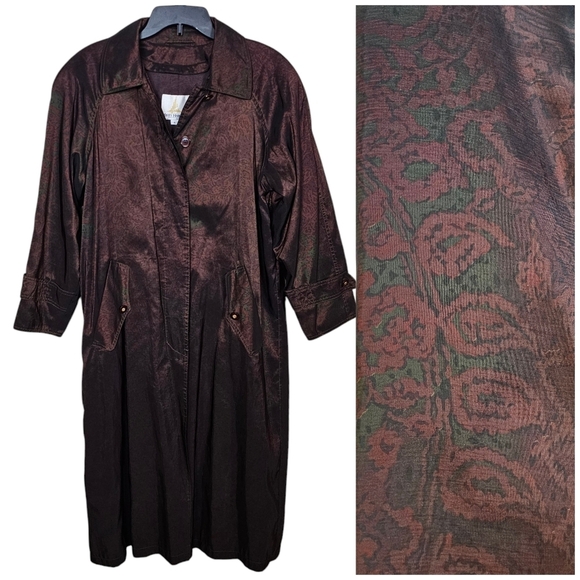 Vintage Shimmer Iridescent Long Button Down Trench Floral Coat - Picture 1 of 9